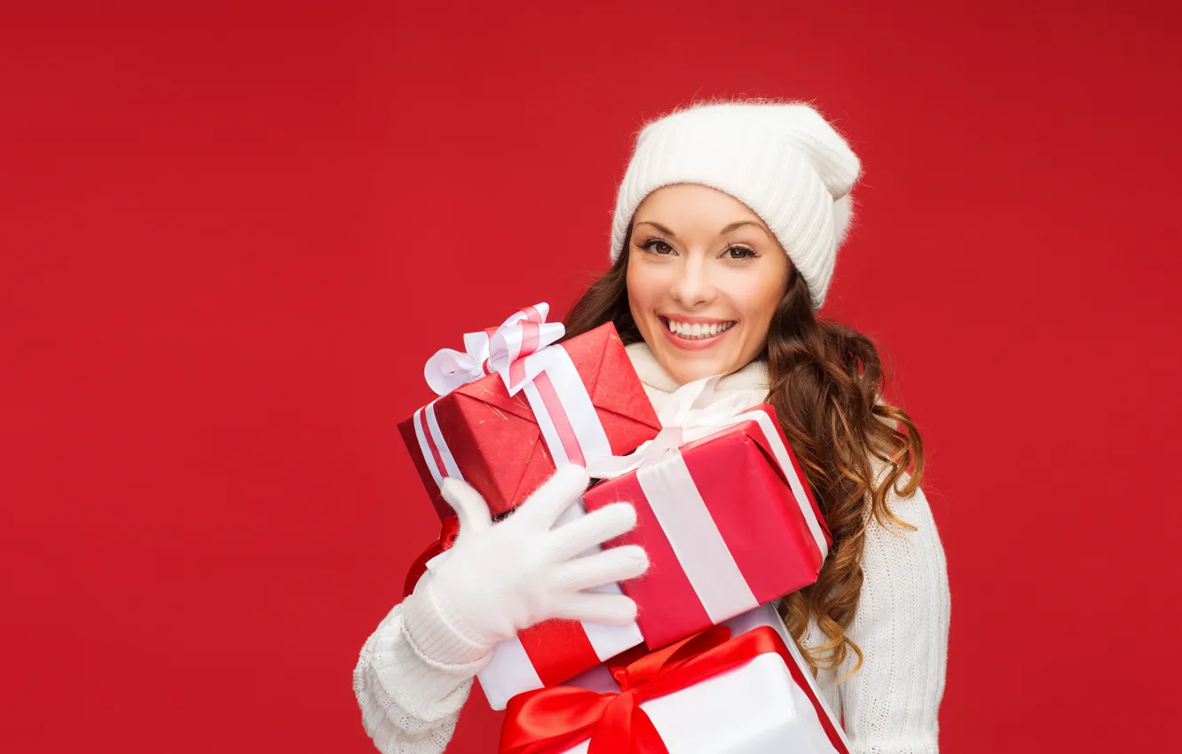 Photo wallpaper girl, red, smile, background, holiday, hat, new year, Christmas