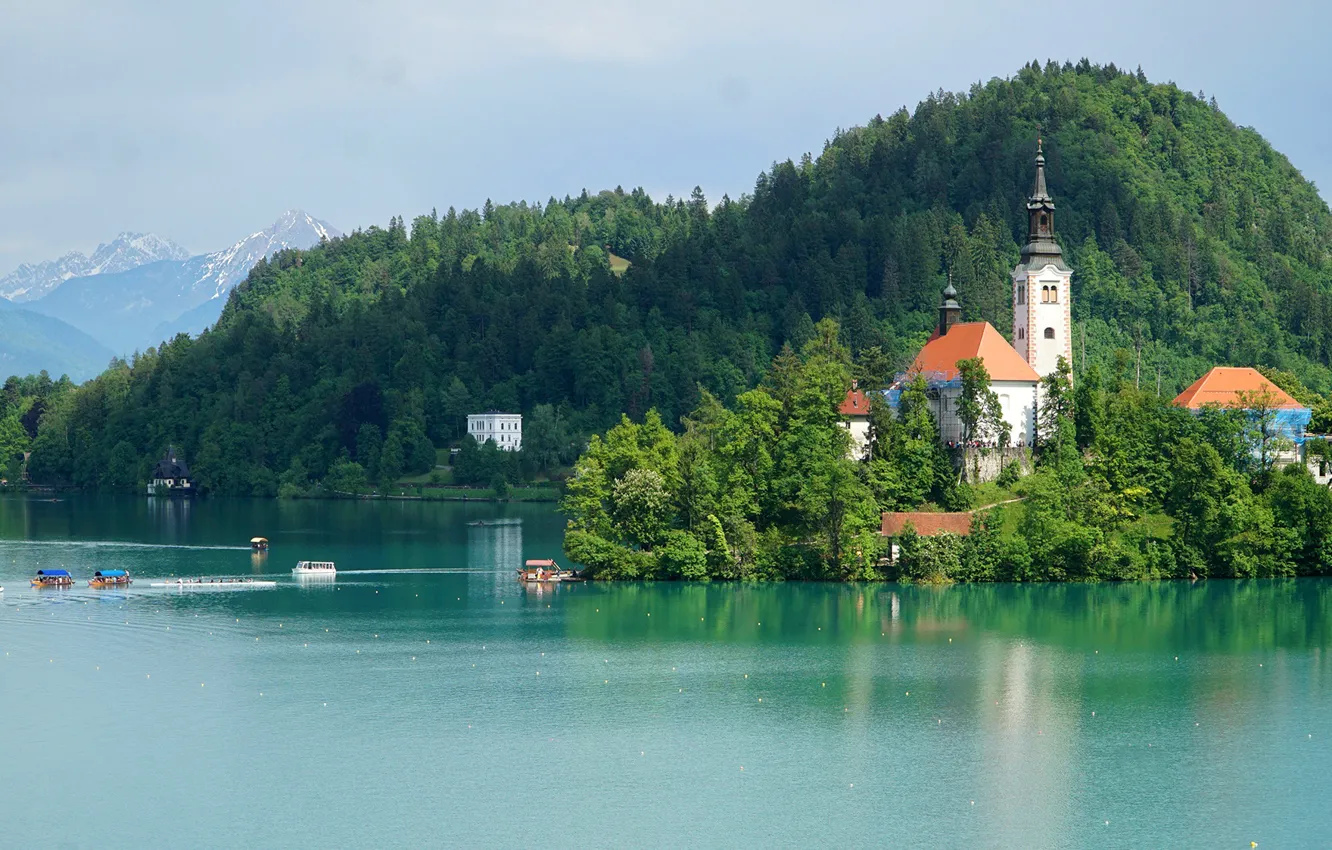 Photo wallpaper forest, trees, mountains, lake, boat, island, Church, Slovenia