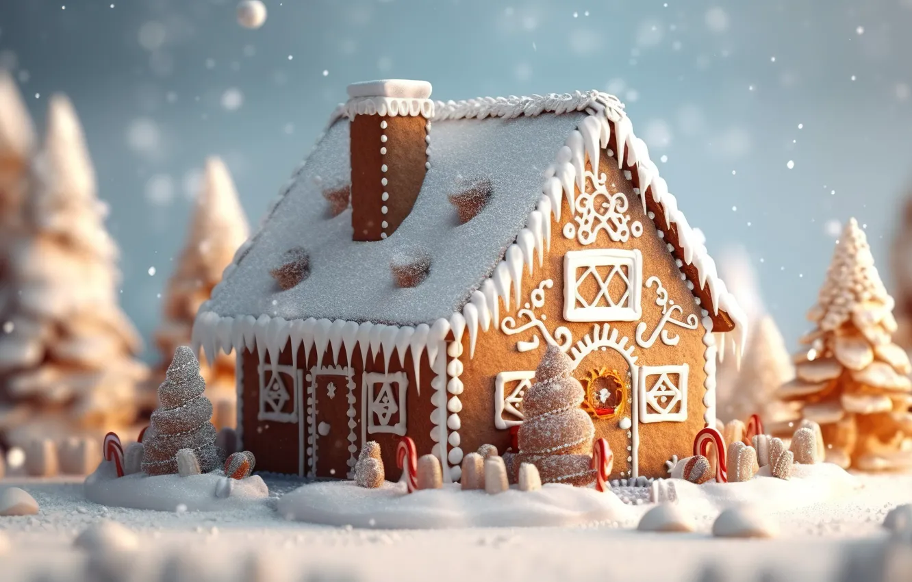Photo wallpaper snow, new year, Christmas, house, Christmas, winter, snow, New Year