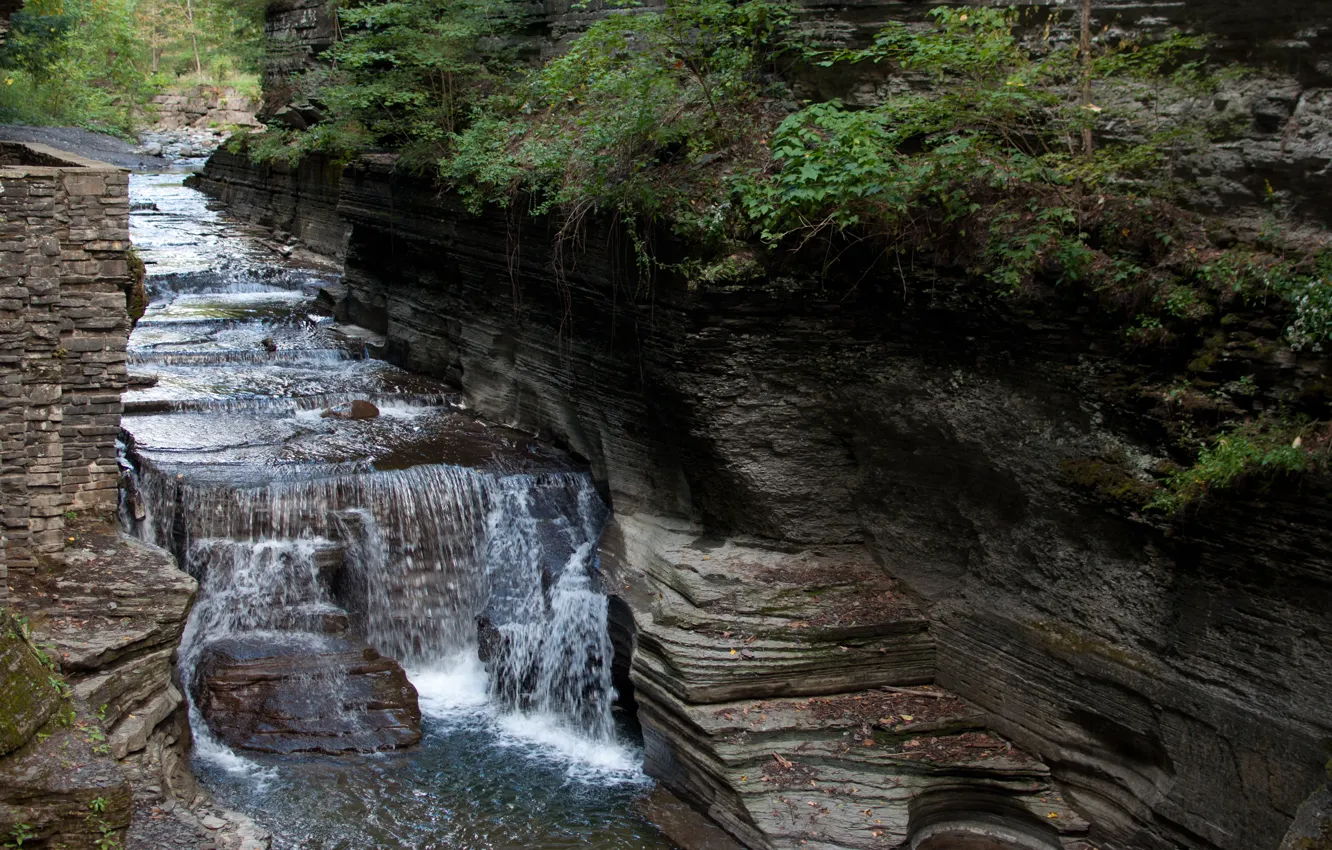 Photo wallpaper leaves, rocks, waterfall, Stream, New York, USA, USA, New York