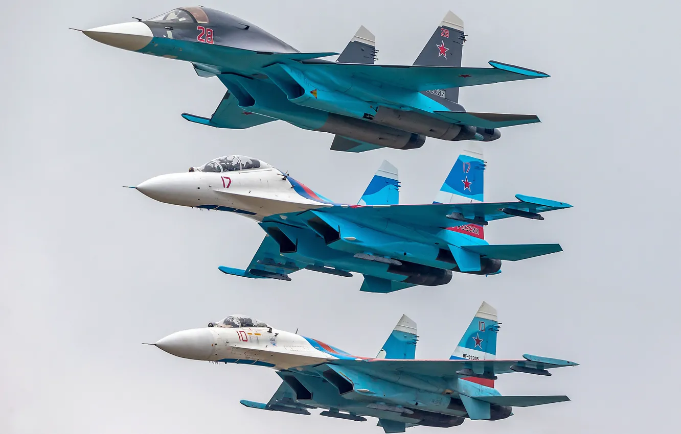 Photo wallpaper fighters, flight, Su-27, Su-34, Su-27UB