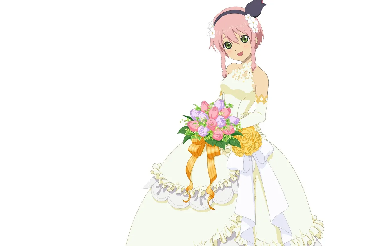 Photo wallpaper bouquet, white background, the bride, wedding dress, ruffles, pink hair, the fluffy skirt, Tales of …