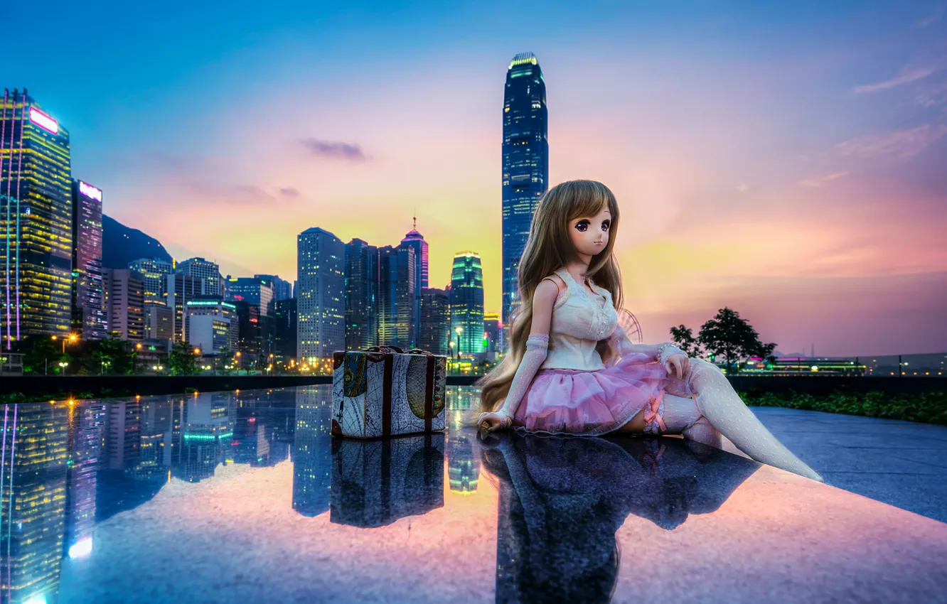 Photo wallpaper sunset, the city, reflection, China, toy, building, Hong Kong, doll