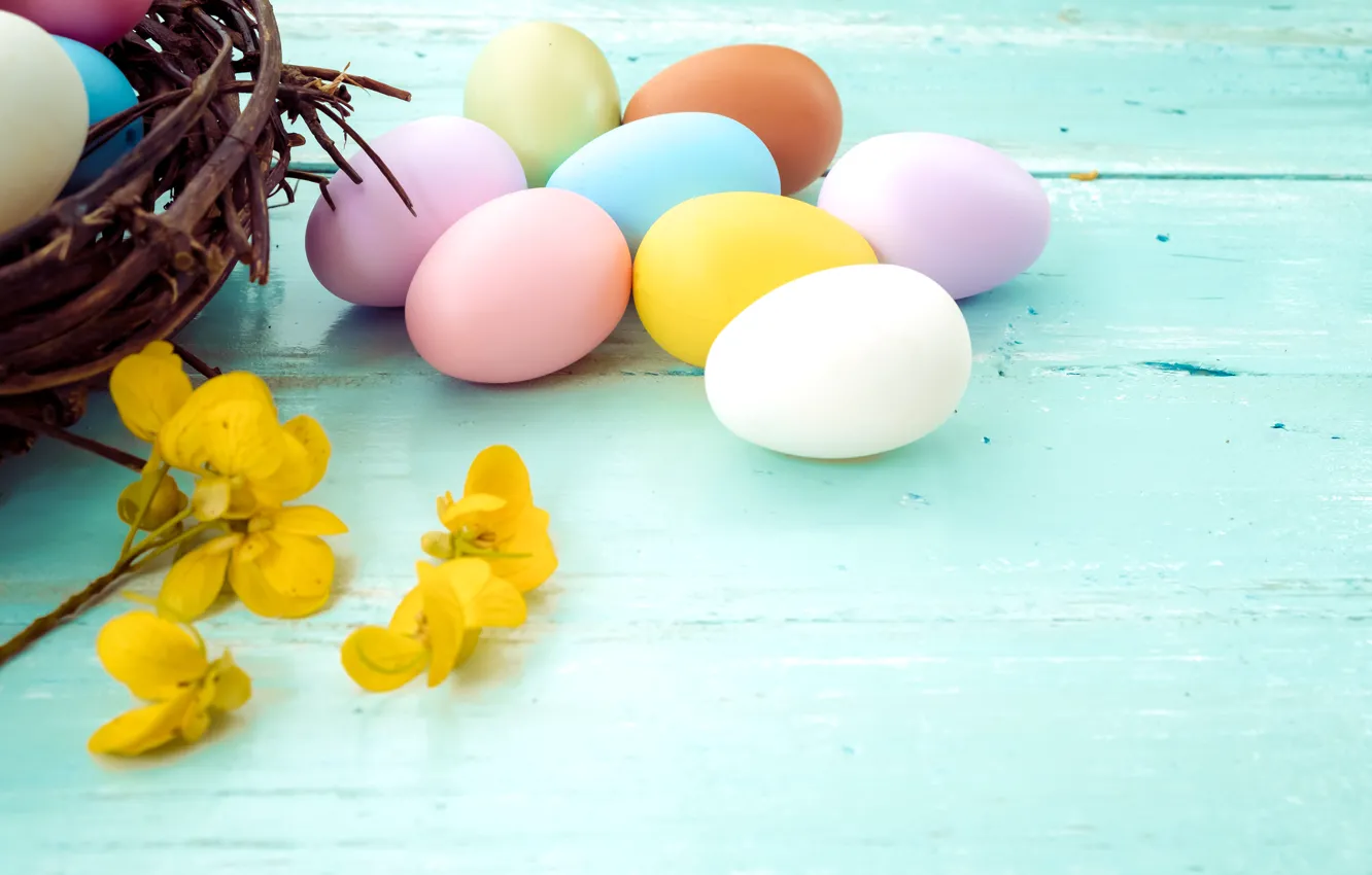 Photo wallpaper flowers, yellow, basket, eggs, spring, colorful, Easter, yellow