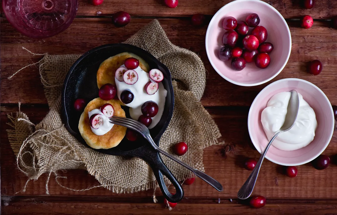 Photo wallpaper berries, cream, spoon, plug, cherry, pancakes