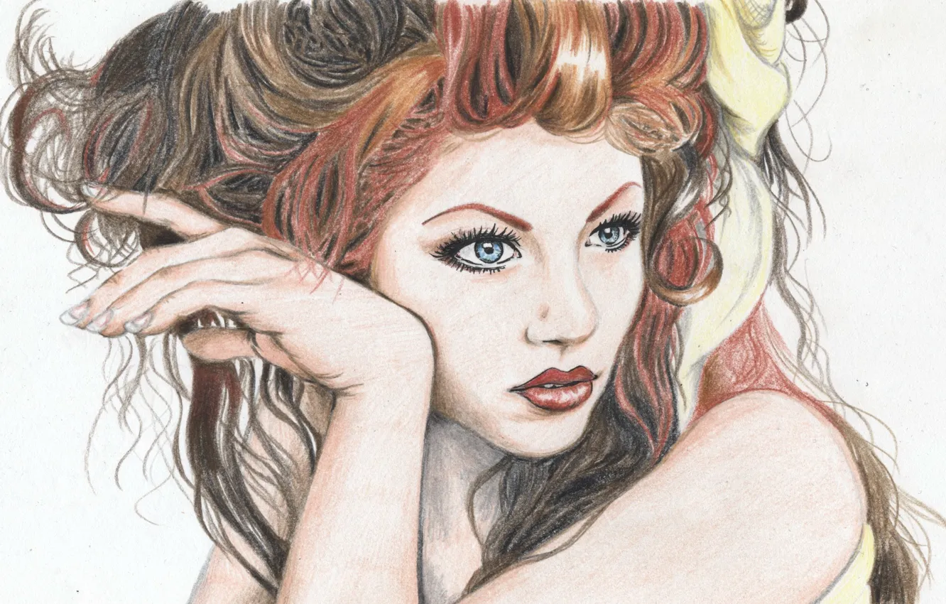 Photo wallpaper eyes, look, girl, red, face, hair, hands, makeup