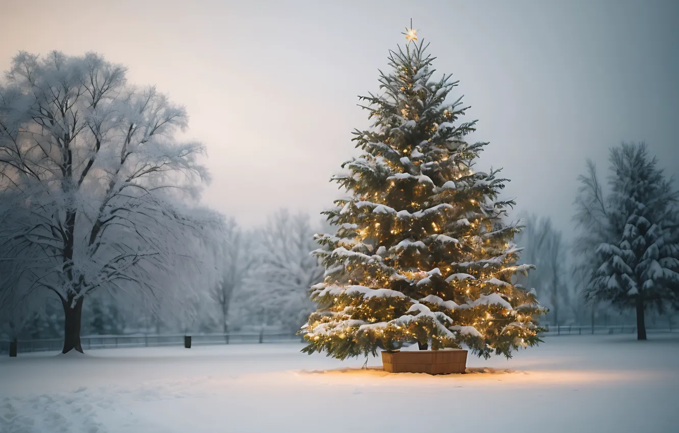 Photo wallpaper winter, snow, decoration, night, lights, Park, tree, new year