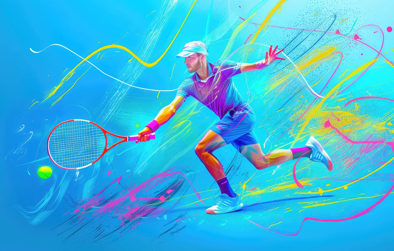 Photo wallpaper creative, sport, the ball, art, racket, guy, baseball cap, tennis