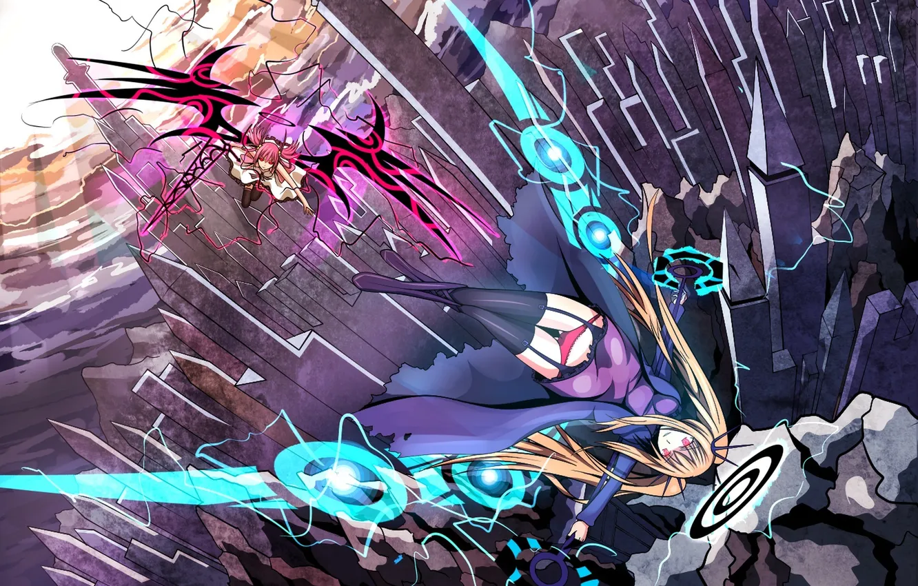 Photo wallpaper girl, flight, wings, art, battle, halo, pixiv fantasia, langjiao