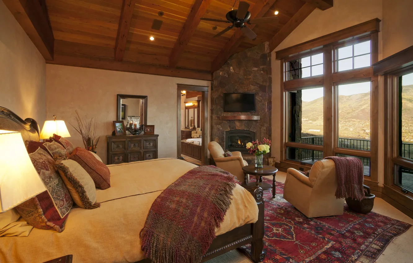 Photo wallpaper design, room, bed, interior, pillow, window, the ceiling, fireplace