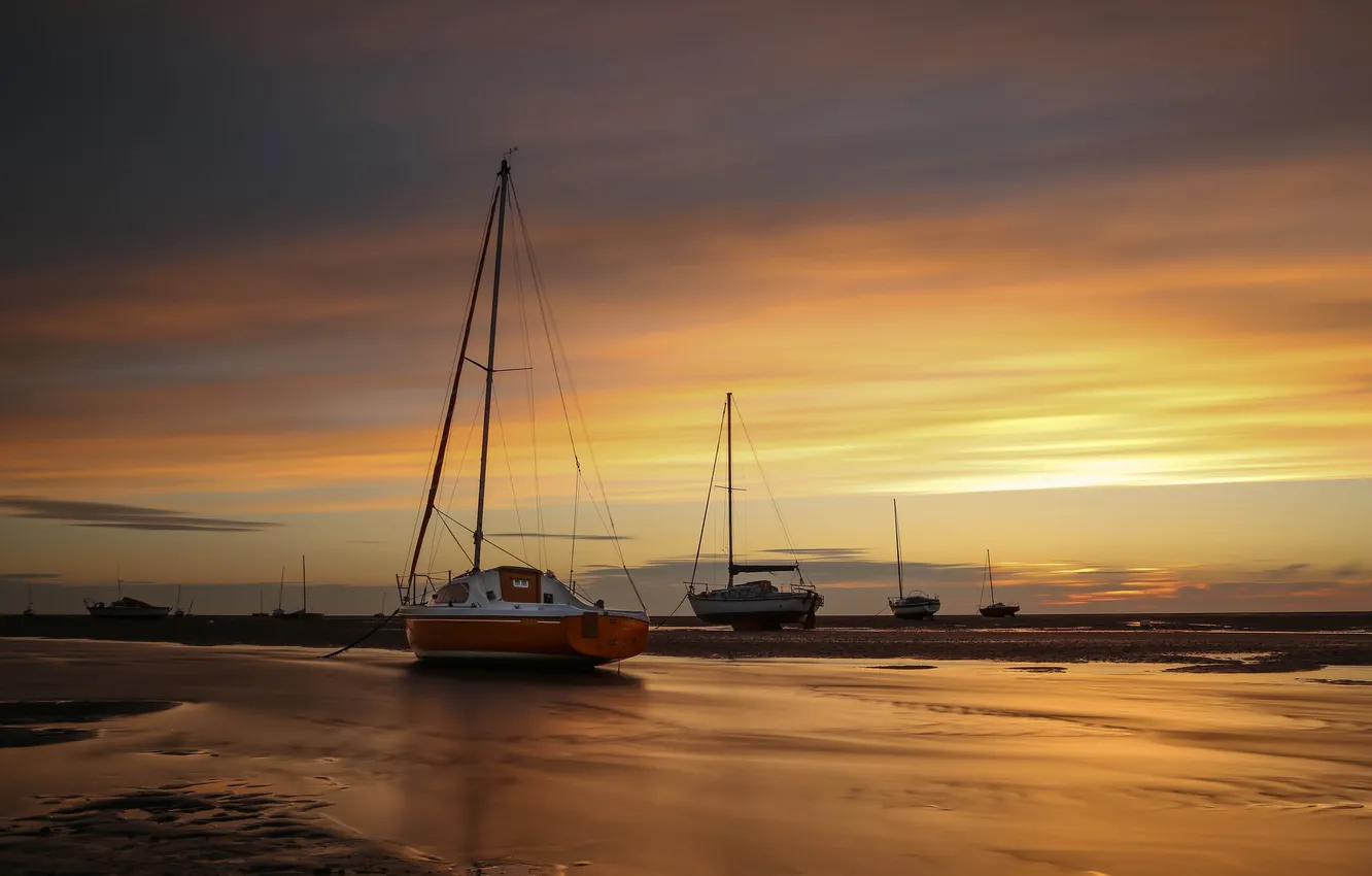 Photo wallpaper the sky, clouds, shore, yachts, boats, the evening, tide, glow