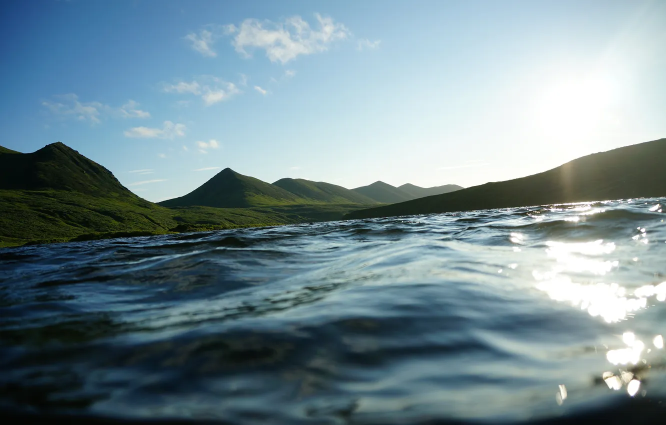 Photo wallpaper water, the sun, mountains, river