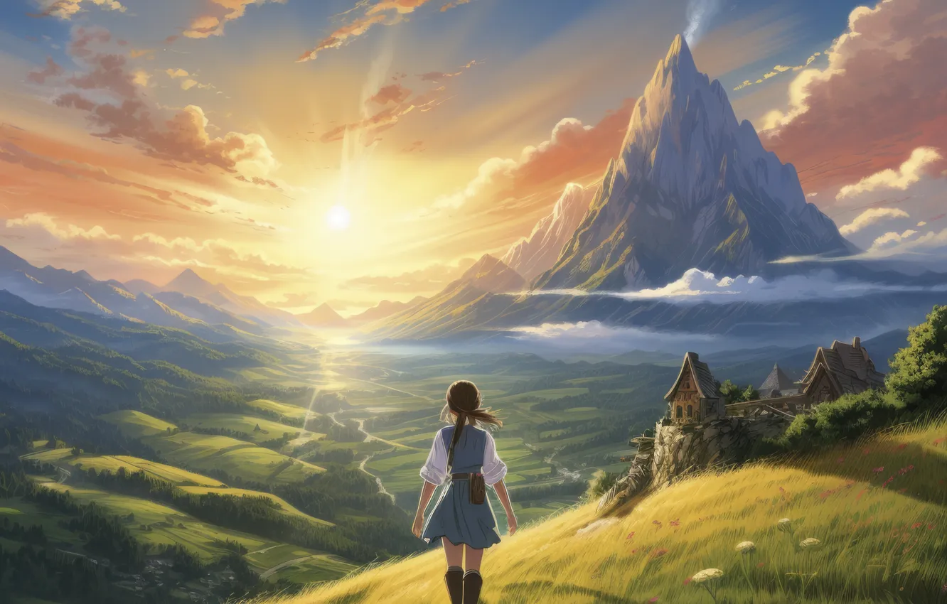 Photo wallpaper the sun, clouds, mountains, dawn, girl, digital art, AI art, The Art of Artificial Intelligence