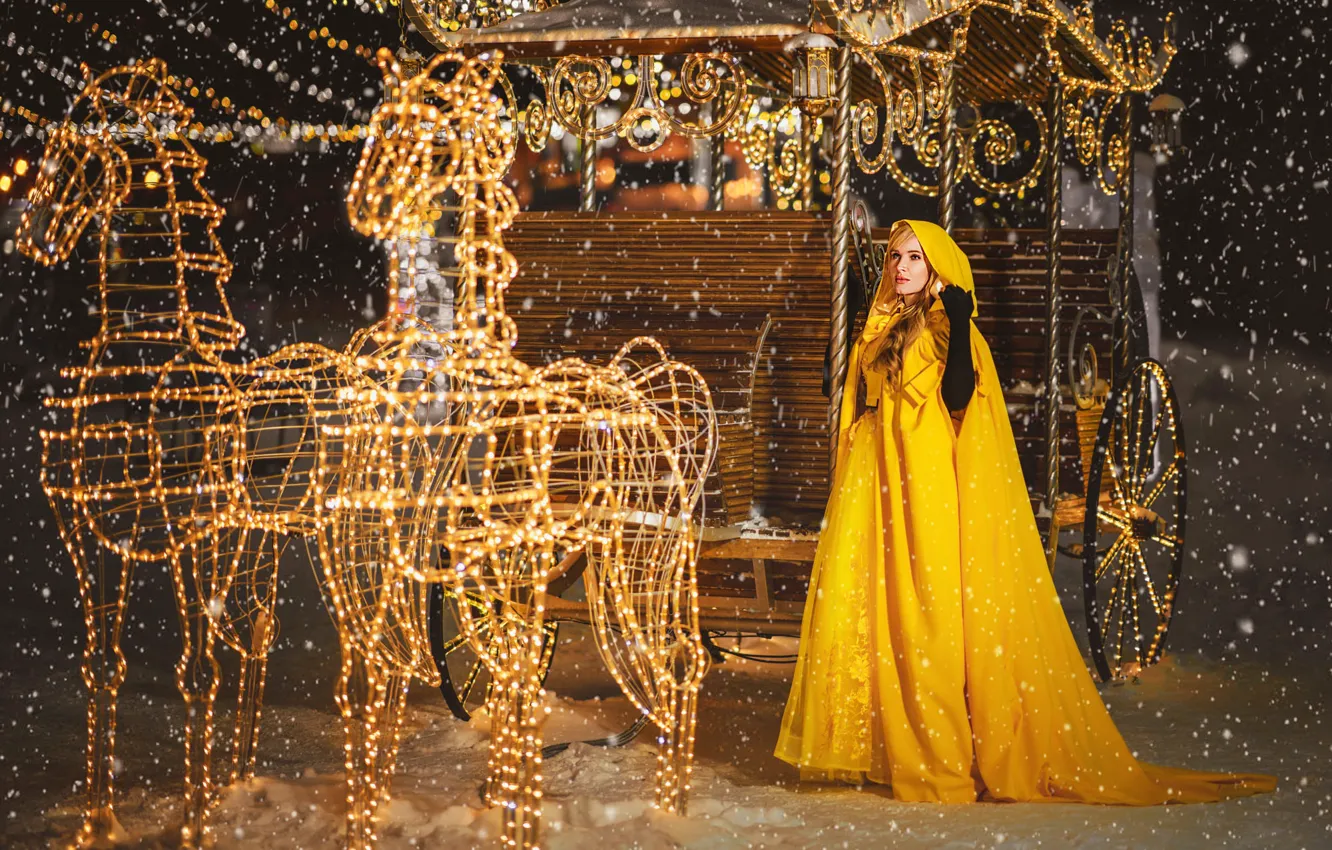 Photo wallpaper look, girl, pose, horse, coach, Cinderella, Diana Lipkina, yellow raincoat