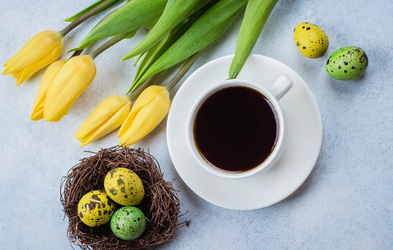 Photo wallpaper flowers, Easter, tulips, happy, yellow, flowers, tulips, coffee cup