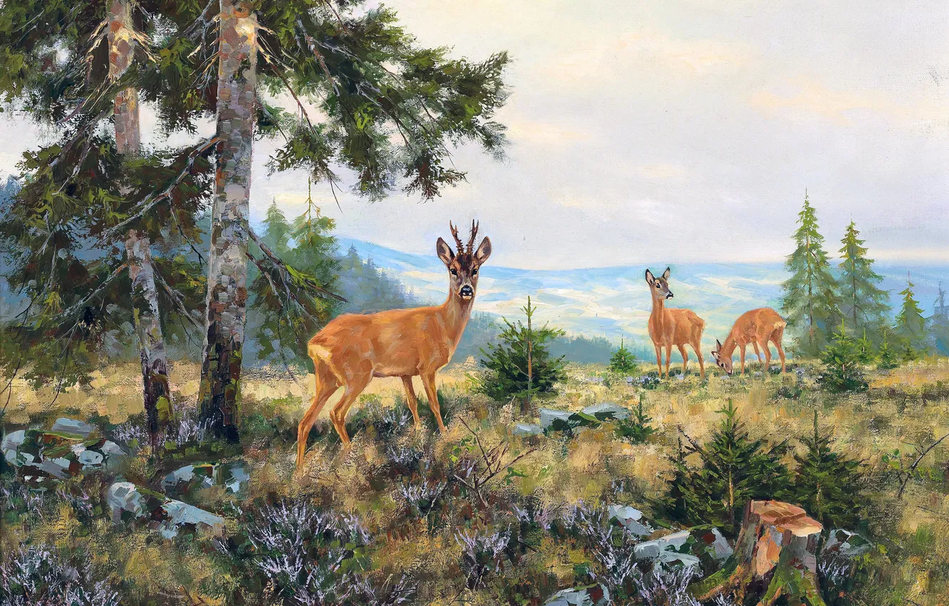 Photo wallpaper Grass, Trees, Picture, Stump, Deer, Austrian artist, Erich Dichtl, Erich Dichtl