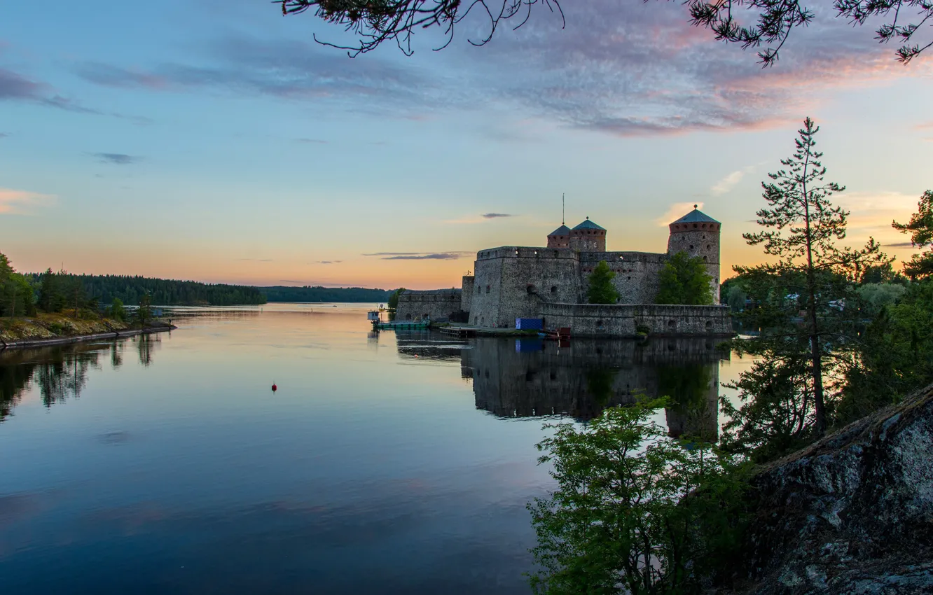 Photo wallpaper forest, trees, sunset, river, shore, the evening, fortress, Finland