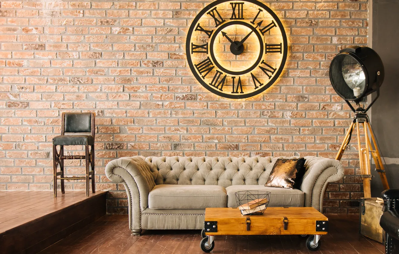 Photo wallpaper sofa, wall, watch, interior, living room