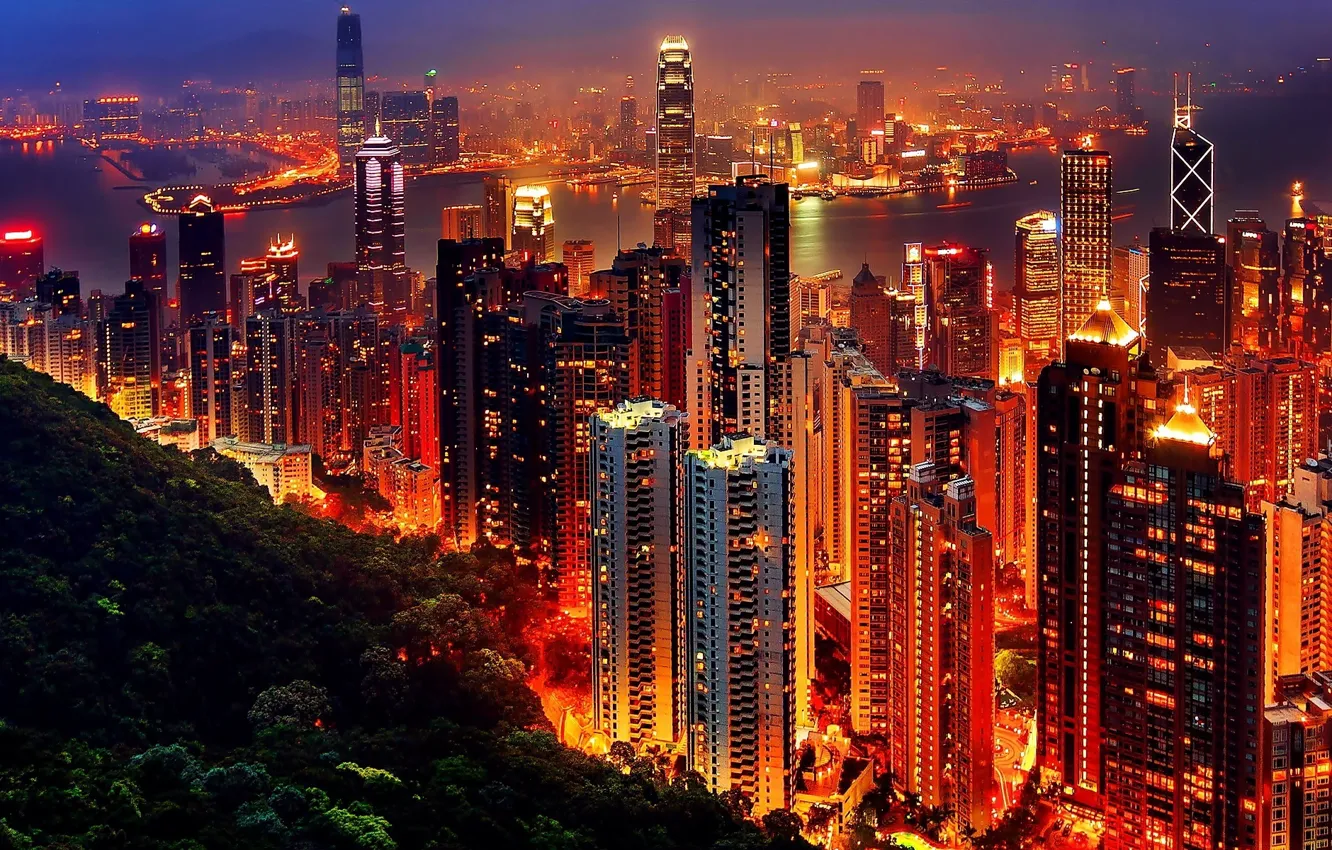 Photo wallpaper night, the city, lights, the building, panorama, Hong Kong