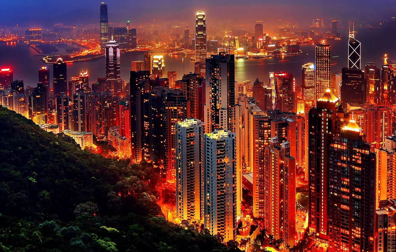 Photo wallpaper night, the city, lights, building, panorama, Hong Kong