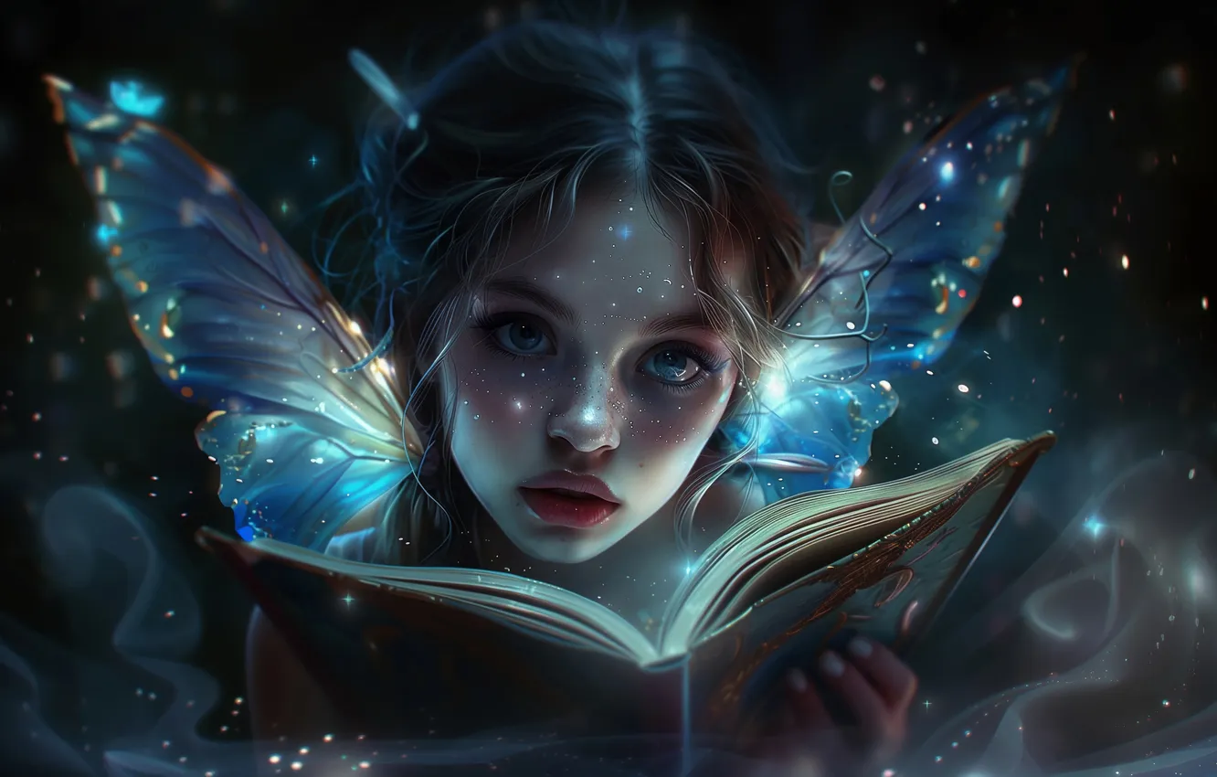 Photo wallpaper look, girl, night, lights, wings, fantasy, book, elf