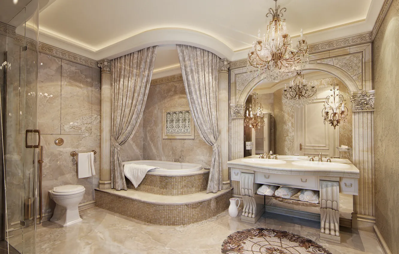 Photo wallpaper house, Villa, interior, mirror, chandelier, bathroom, luxury
