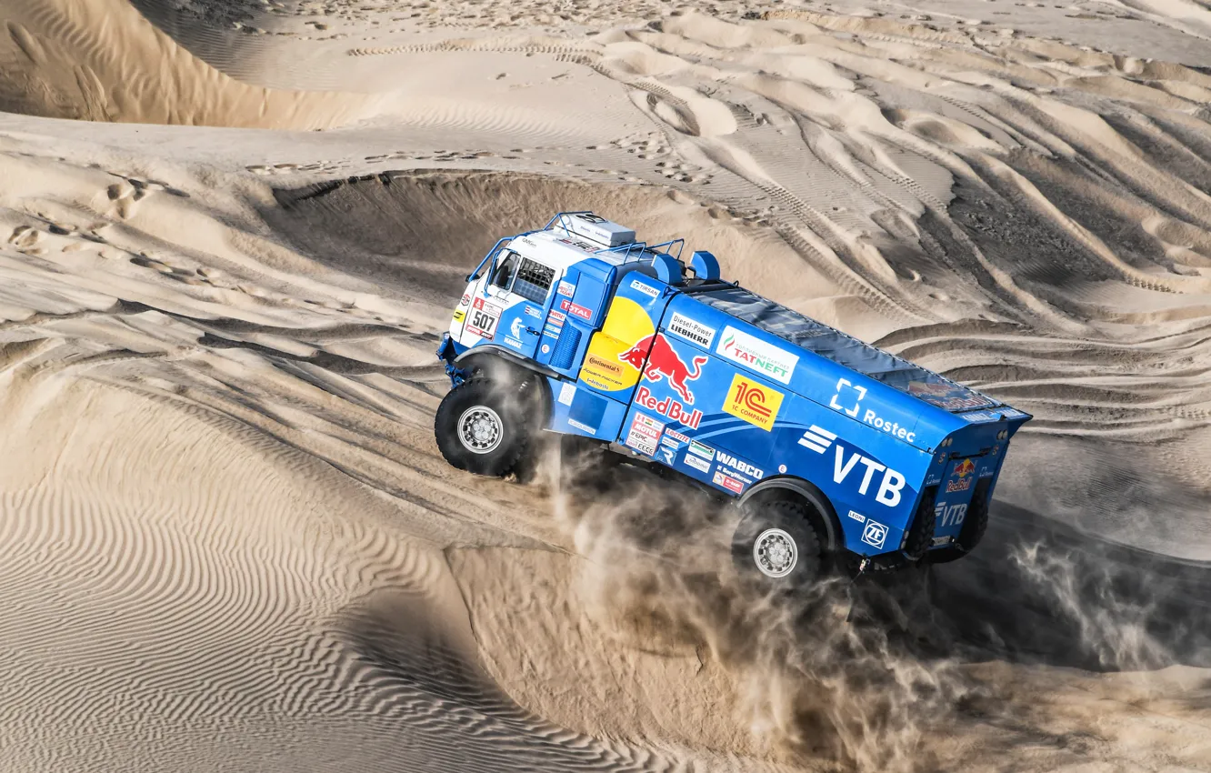 Photo wallpaper sand, race, dunes, Truck, Master, Russia, Red Bull, Kamaz