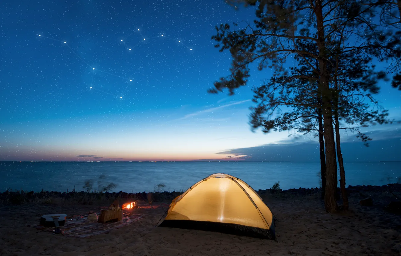 Photo wallpaper space, stars, clouds, light, night, lights, lights, shore