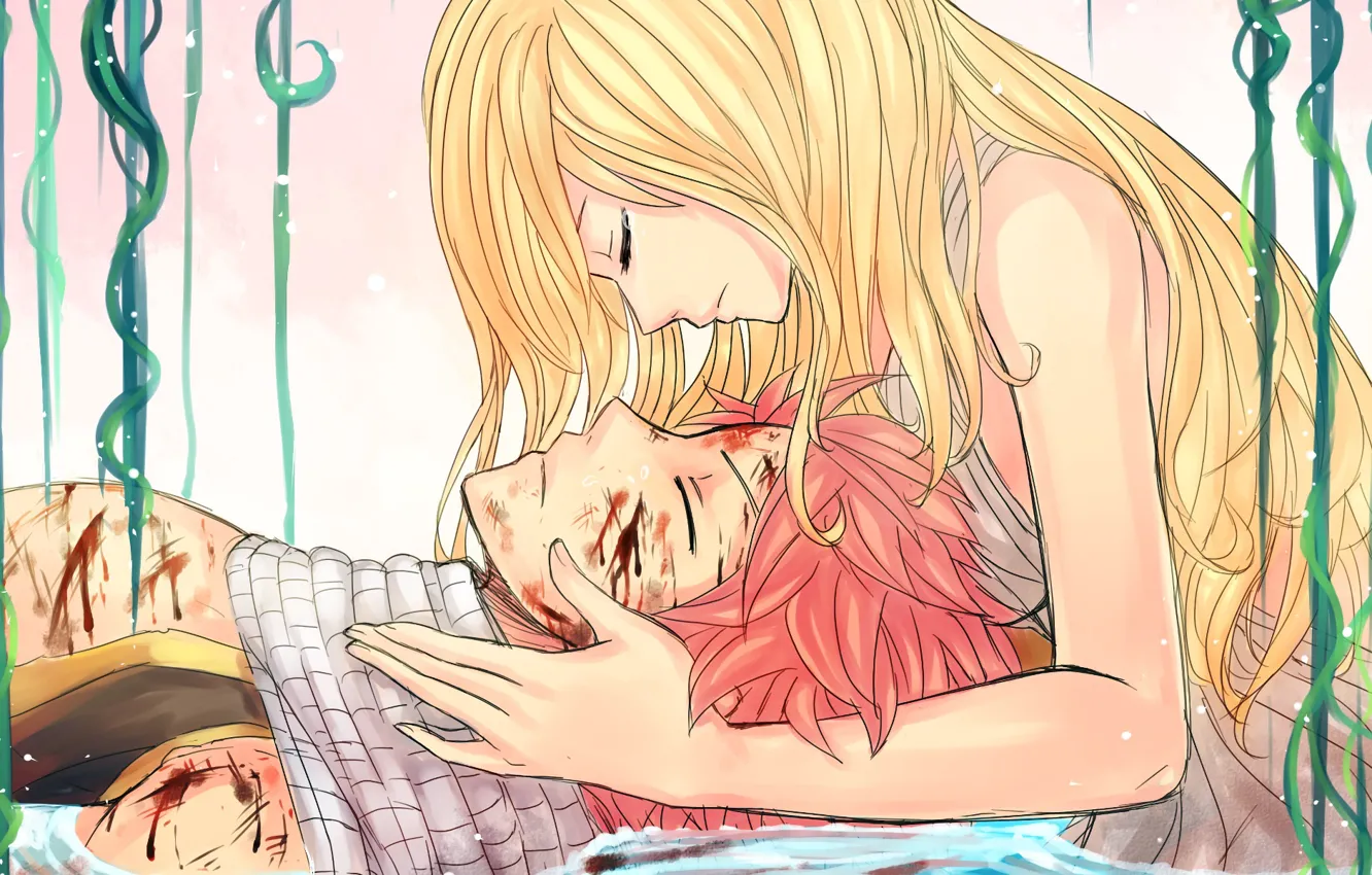 Photo wallpaper love, blood, anime, art, pair, fairy tail, wounds, Lucy