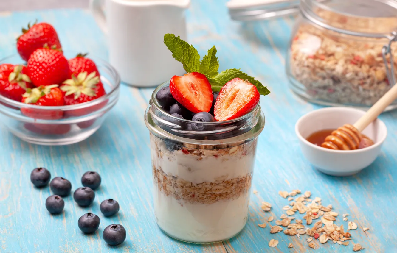 Photo wallpaper berries, Breakfast, muesli, yogurt