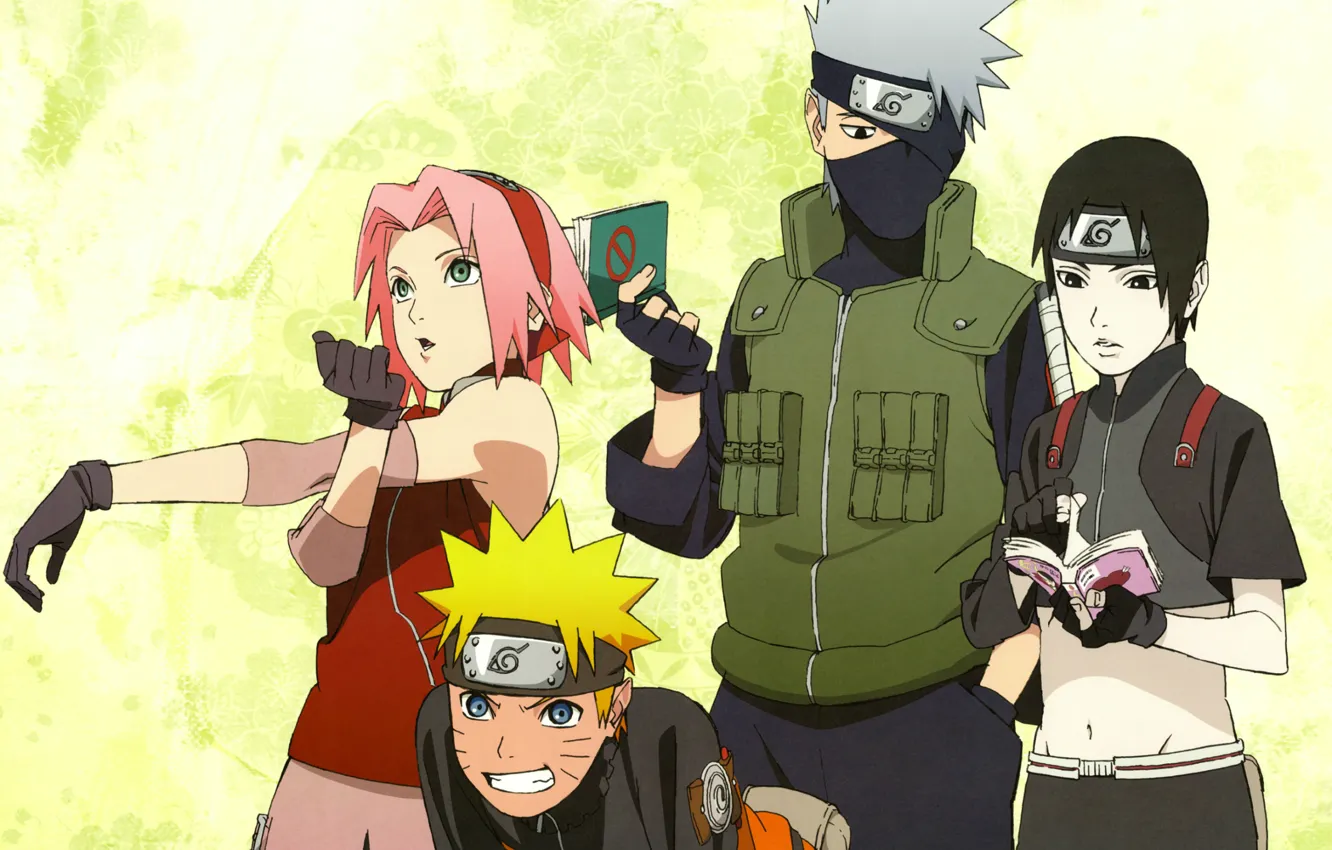 Photo wallpaper book, headband, Naruto, Sakura, squad, vest, ninja, Hatake Kakashi