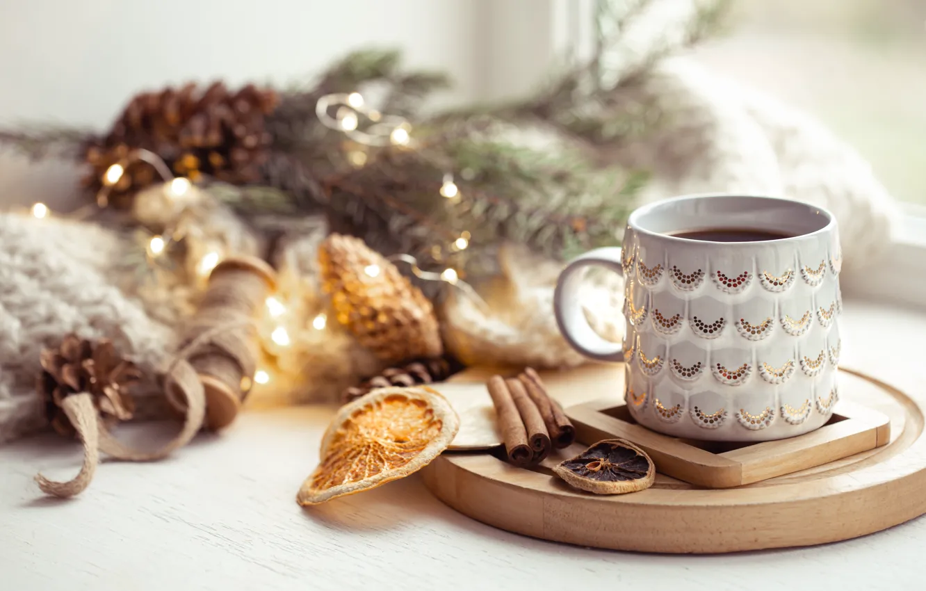Photo wallpaper light, table, tea, window, Christmas, mug, New year, drink