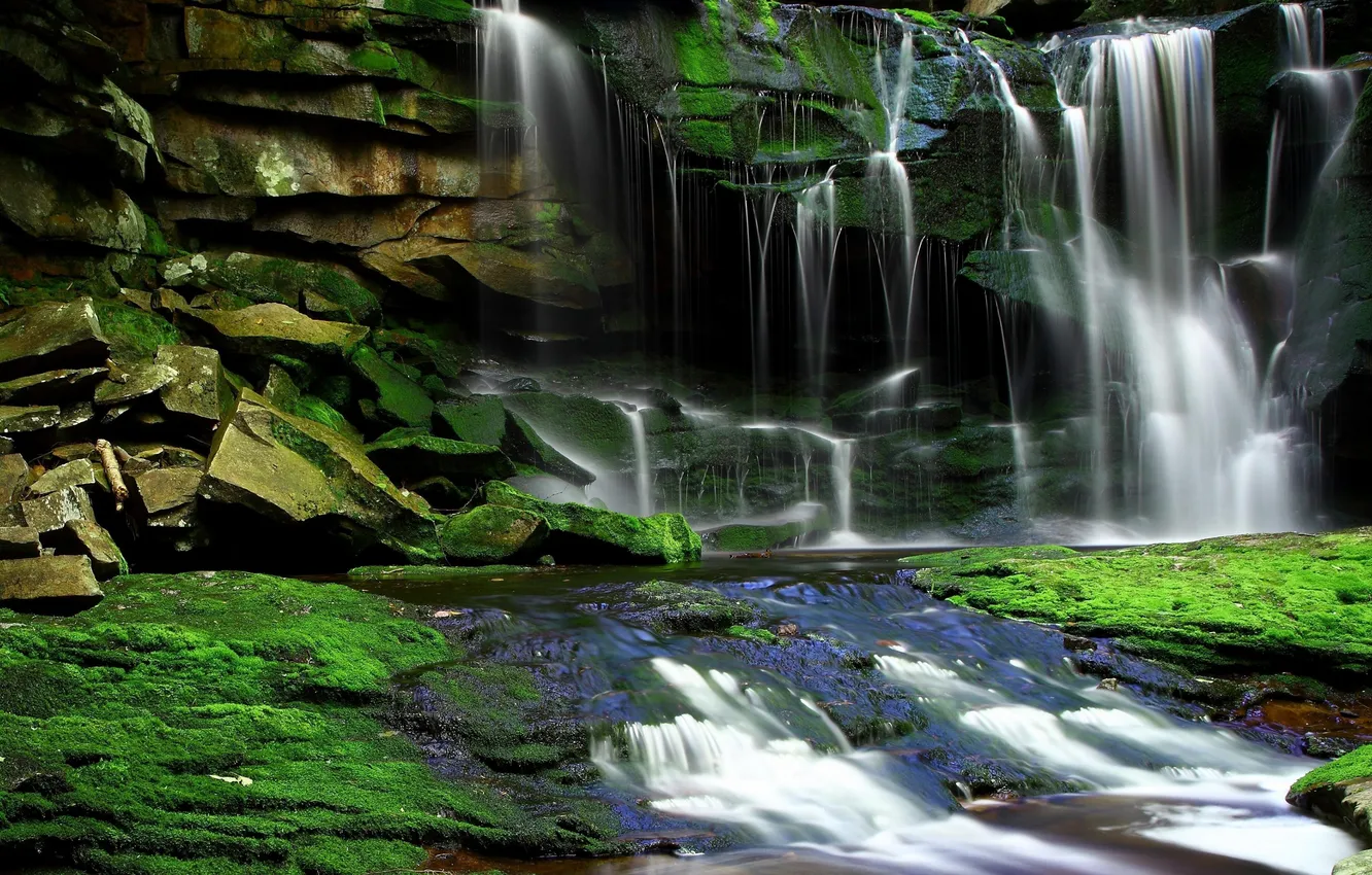 Photo wallpaper stones, greens, rocks, waterfall, shore, moss