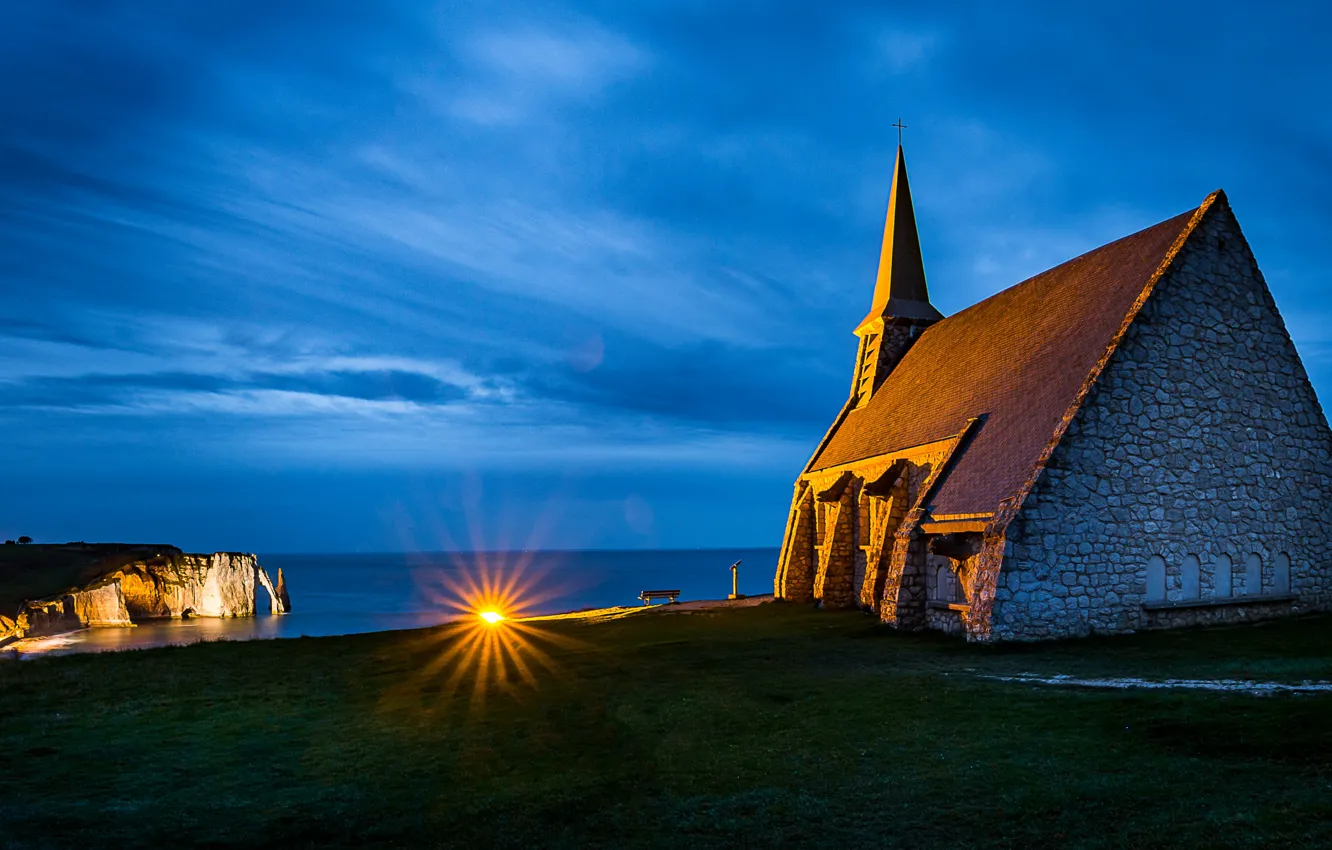 Photo wallpaper sea, lights, blue, rocks, shore, Church, twilight