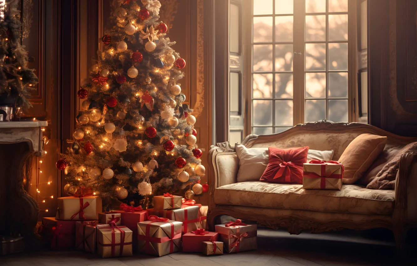 Photo wallpaper decoration, sofa, gift, balls, tree, new year, Christmas, Christmas