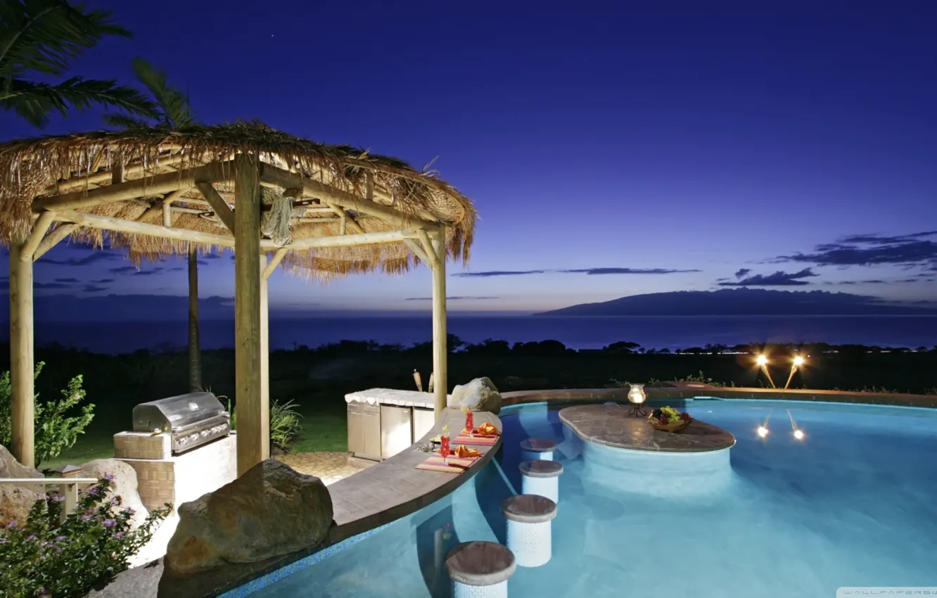 Photo wallpaper the ocean, view, the evening, bar, pool, canopy