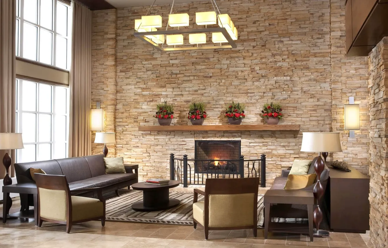Photo wallpaper Villa, interior, fireplace, living room