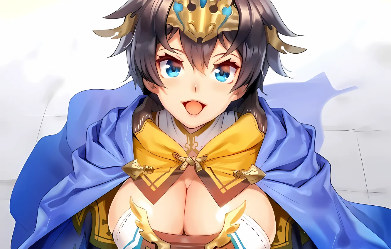 Photo wallpaper girl, sexy, cleavage, blouse, brown hair, boobs, anime, blue eyes