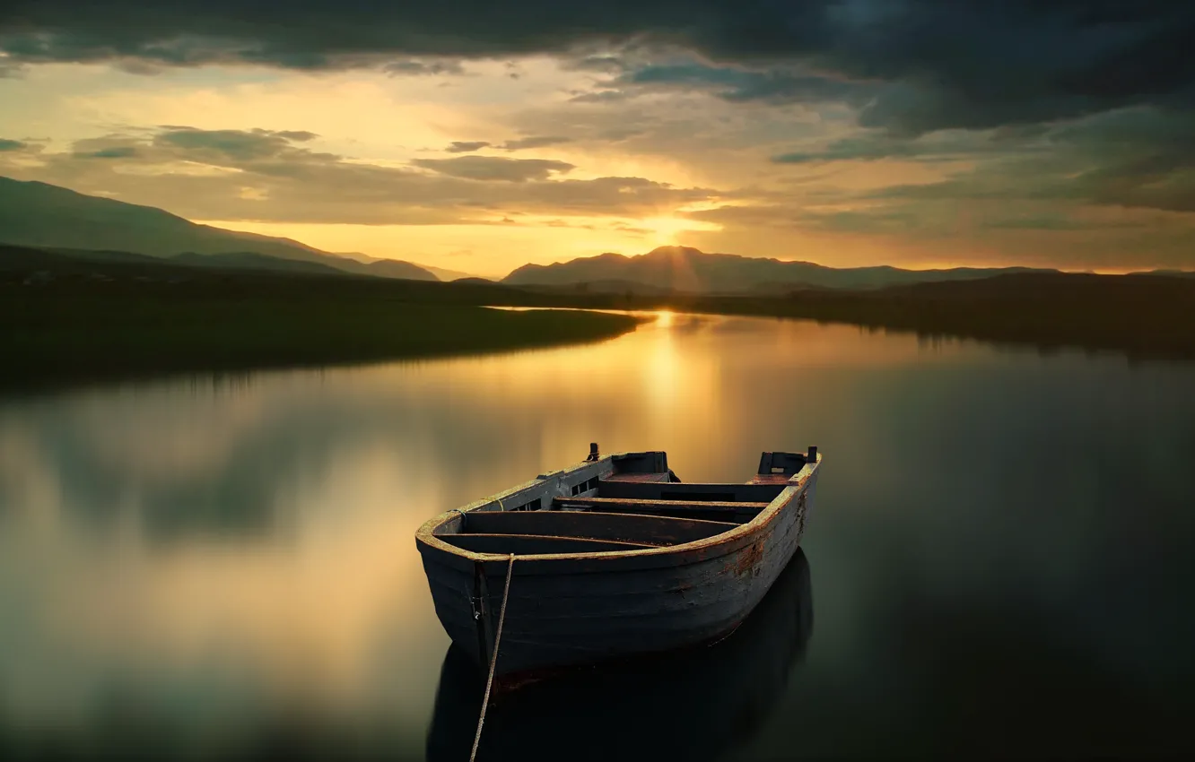 Photo wallpaper sunset, mountains, lake, boat, the evening, Antonio Loved