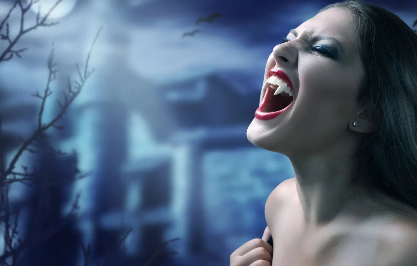 Photo wallpaper girl, night, fangs, vampire, vampire