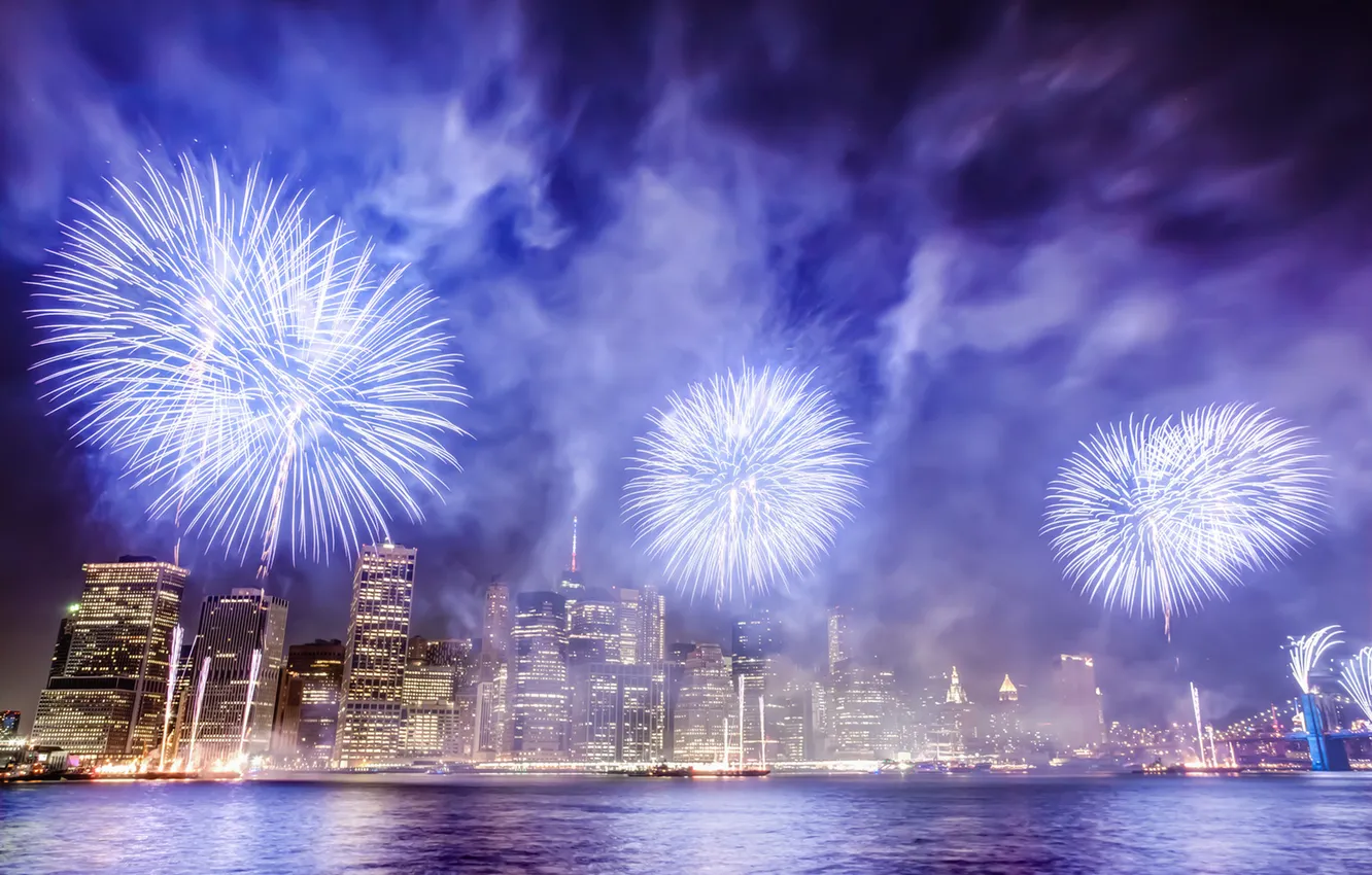 Photo wallpaper night, lights, Strait, holiday, New York, skyscrapers, salute, fireworks