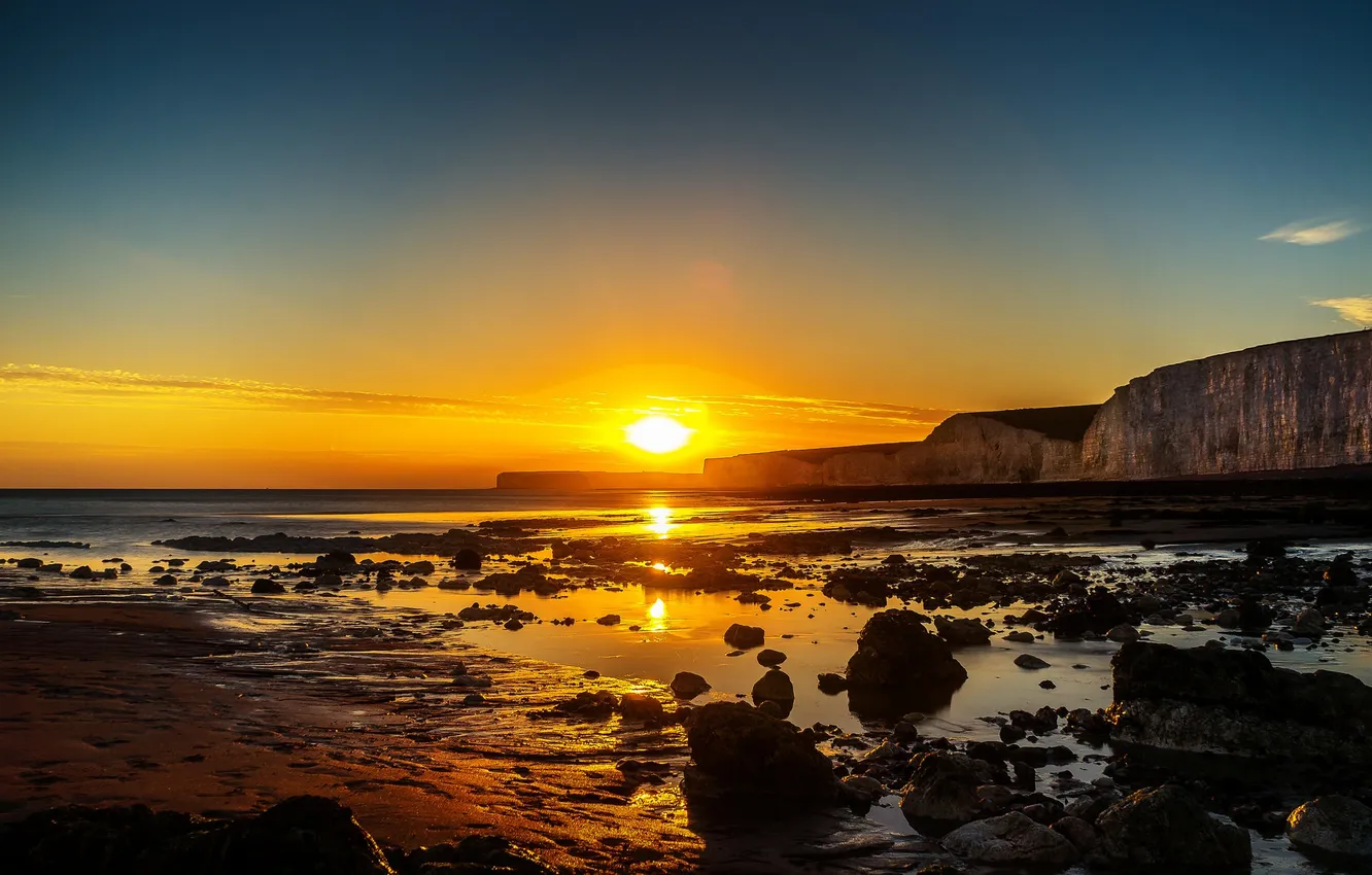 Photo wallpaper beach, the sky, the sun, clouds, sunset, rocks, horizon, orange sky