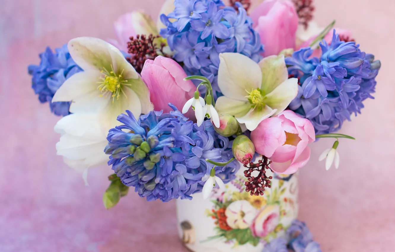 Photo wallpaper background, bouquet, snowdrops, tulips, hyacinths, hellebore