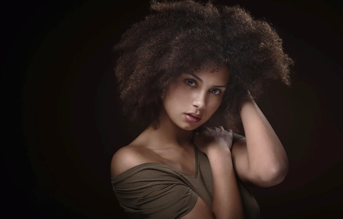 Photo wallpaper look, girl, mulatto, brown hair, shoulders, curls, hair