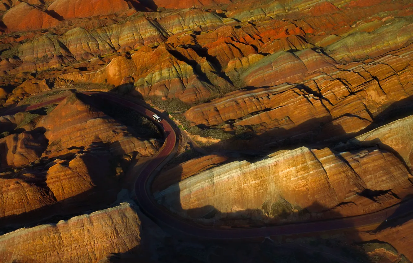 Photo wallpaper road, machine, mountains, hills, China, bus