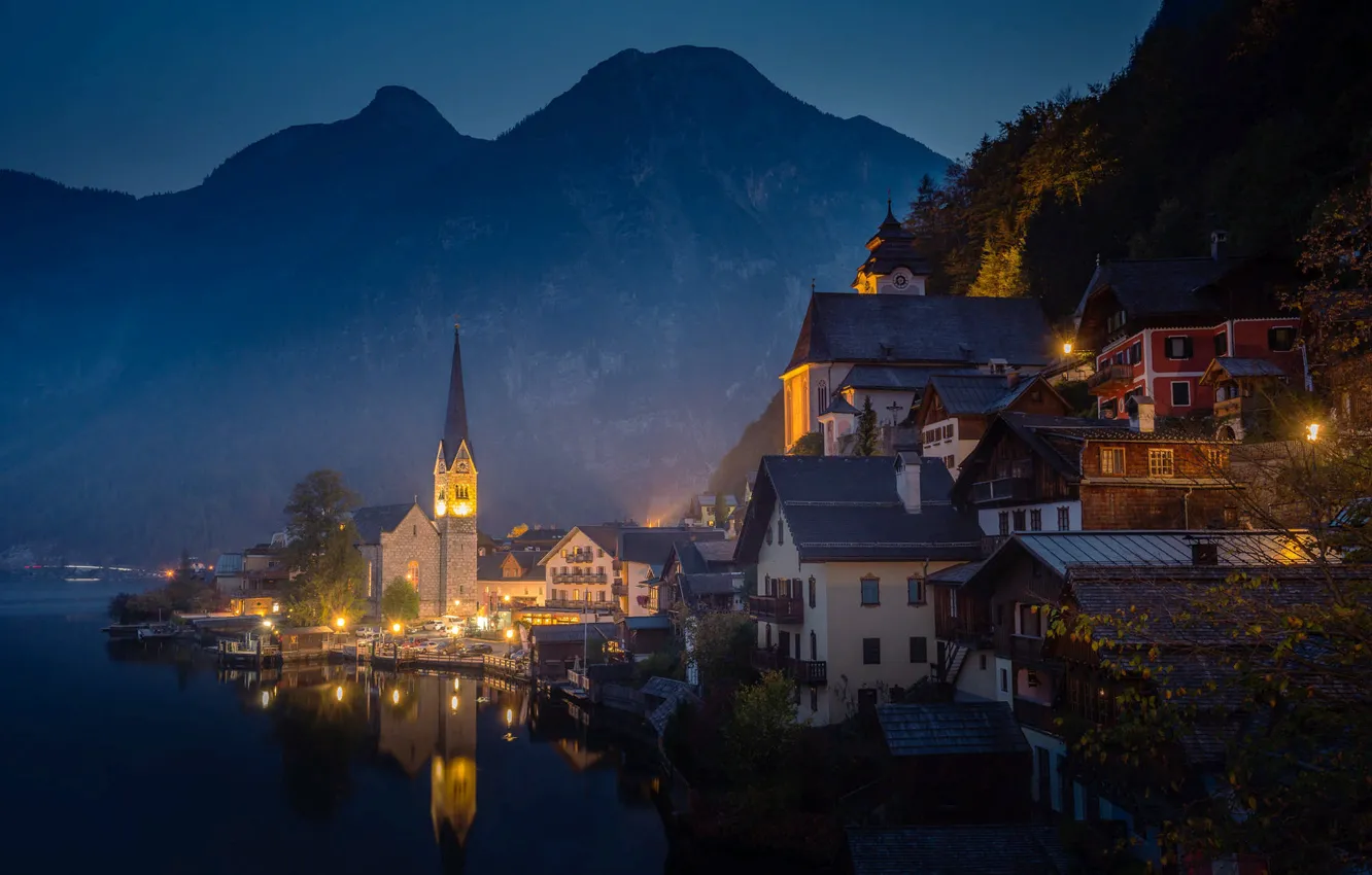 Photo wallpaper mountains, night, lake, tower, home, Austria, town, Hallstatt