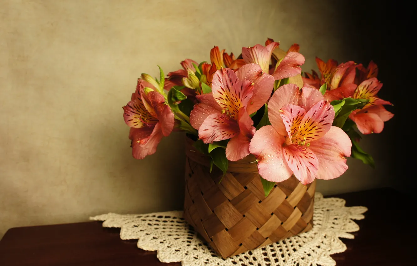 Photo wallpaper vase, basket, peonies, braided