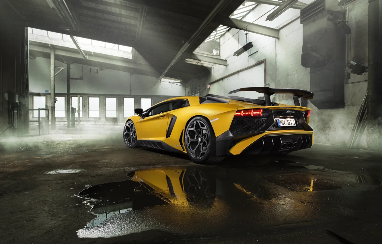Photo wallpaper yellow, Lamborghini, supercar, spoiler, back, Aventador, exhausts, Novitec
