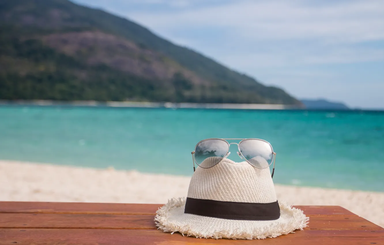 Photo wallpaper sand, sea, beach, summer, stay, hat, glasses, summer
