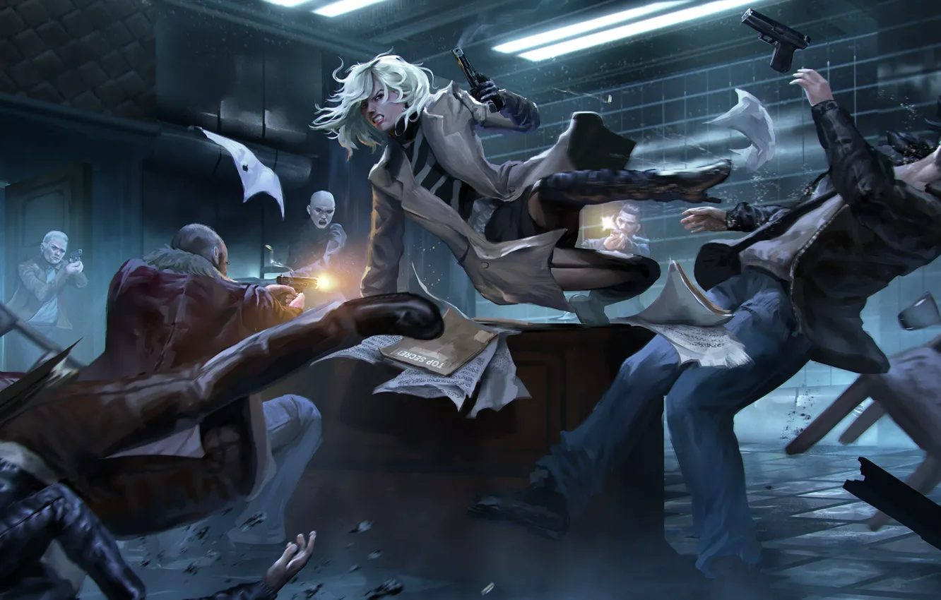 Photo wallpaper girl, gun, Charlize Theron, art, fight, blow, cloak, fight